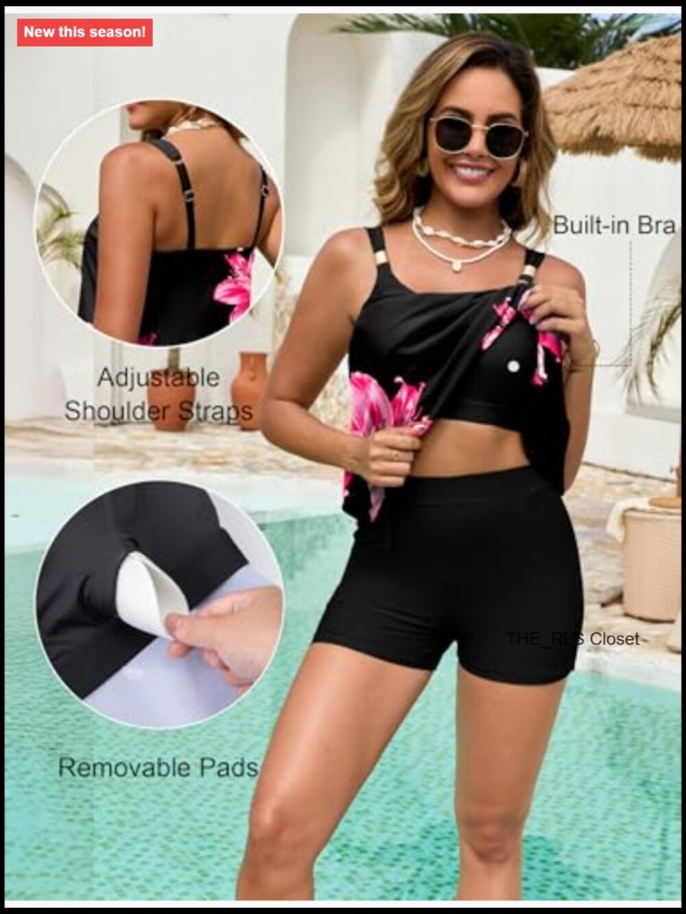 Two Piece Swimsuit Ruffle High Waisted Tankini Flowy Bathing Suit with Pockets - Picture 3 of 7